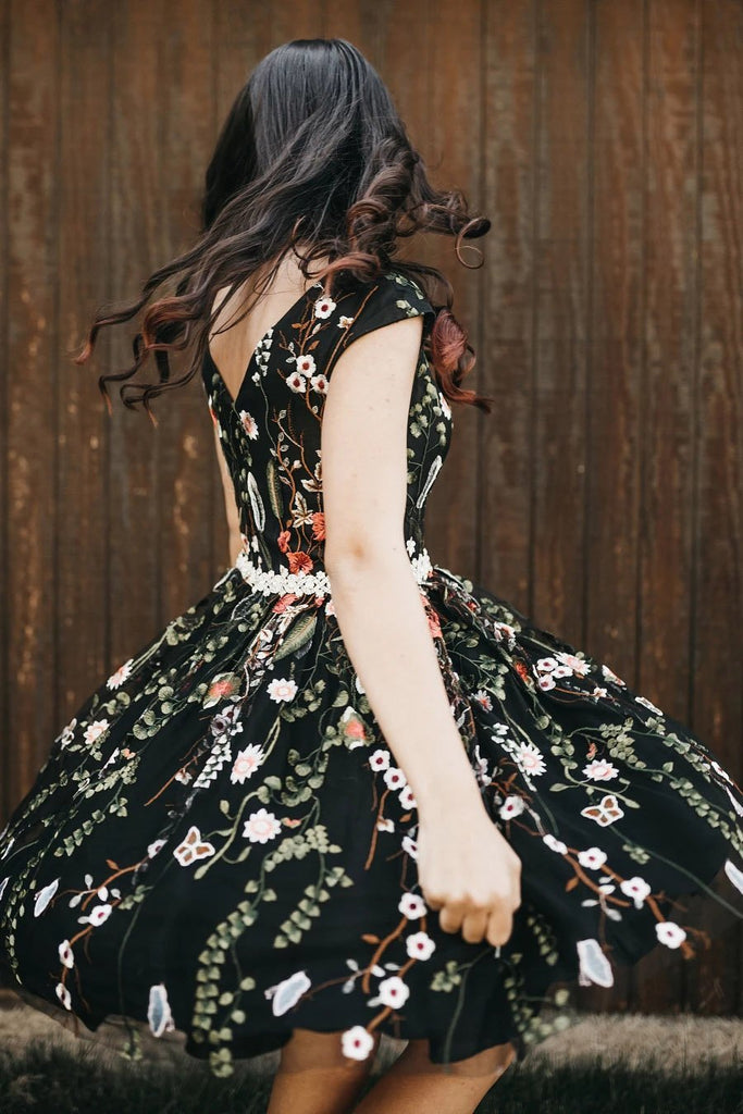 Black Lace Flowers Knee Length Cap Sleeves Homecoming Dress, Unique Gr cherishgirls Black Lace Flowers Knee Length Cap Sleeves Homecoming Dress, Unique Gr cherishgirls