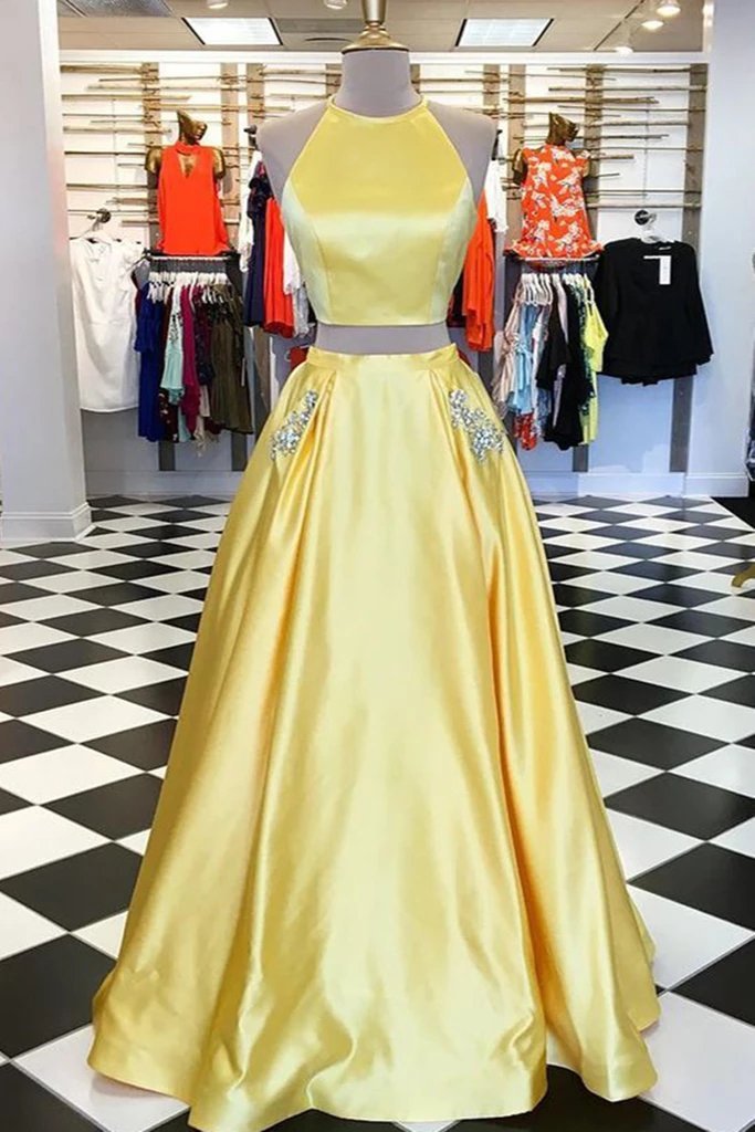 Yellow Satin Two Pieces Long Homecoming Dress with Silver Beading, Pro cherishgirls Yellow Satin Two Pieces Long Homecoming Dress with Silver Beading, Pro cherishgirls