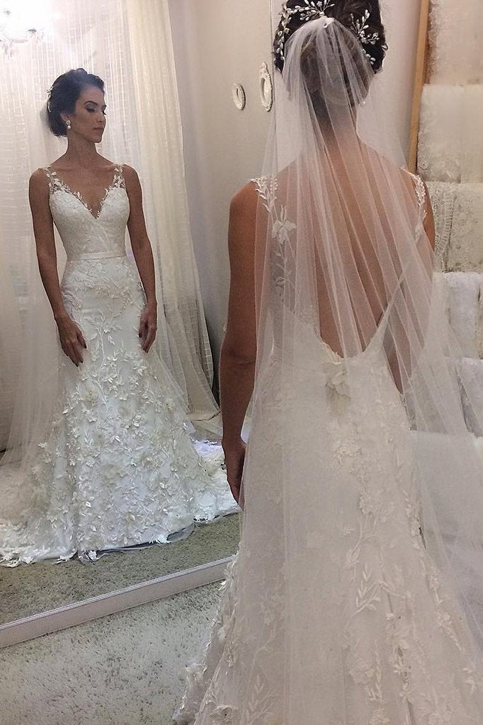 Ivory V Neck Sheath Sleeveless Backless Charming Lace Wedding Dresses UQ1795