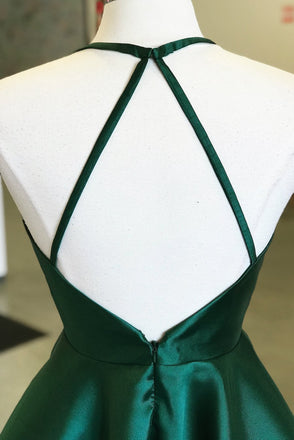 Dark Green Satin Spaghetti Strap Halter Open Back Short Homecoming Dresses UQ1803