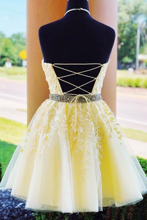 A Line Halter Sleeveless Homecoming Dress with Beads, Appliqued Short Formal Dress UQ2167