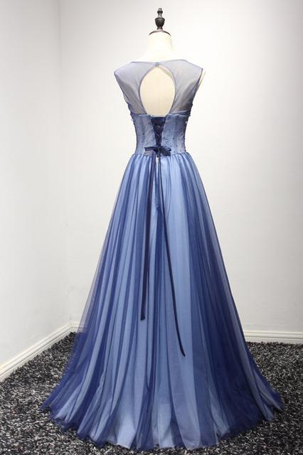 New Arrival A Line Cheap Sheer Neck Prom Dress with Rhinestones, Long Tulle Party Dress UQ1750