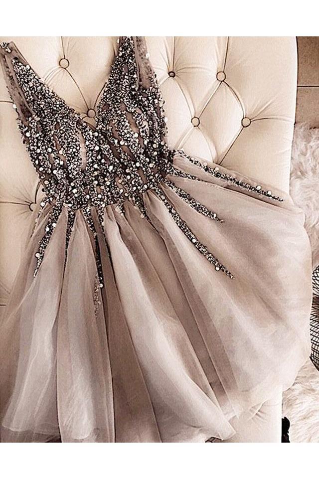 Gray Sparkly V Neck Sleeveless Tulle Homecoming Dress with Sequins, A Line Short Prom Dress UQ2015