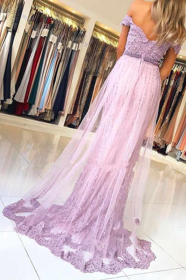 Lilac Off the Shoulder Mermaid Prom Dress with Appliques, Charming Beaded Evening Dress UQ1747