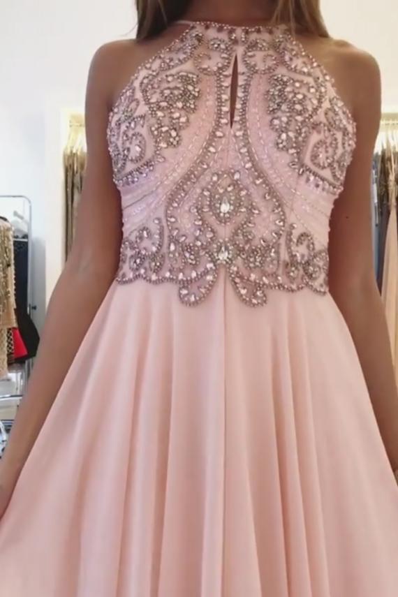 Blush Pink Chiffon Prom Dress with Beading Rhinstone, Flowy Backless Graduation Dress UQ1745