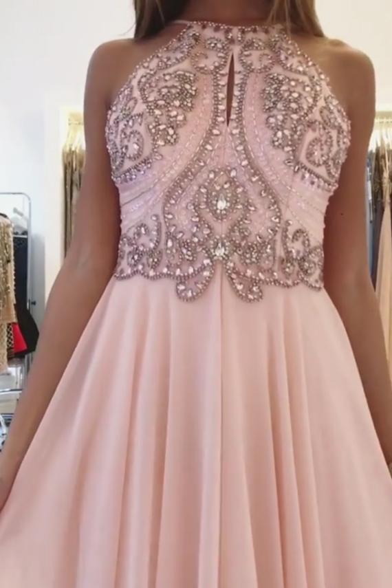 Blush Pink Chiffon Prom Dress with Beading Rhinstone, Flowy Backless G cherishgirls Blush Pink Chiffon Prom Dress with Beading Rhinstone, Flowy Backless G cherishgirls