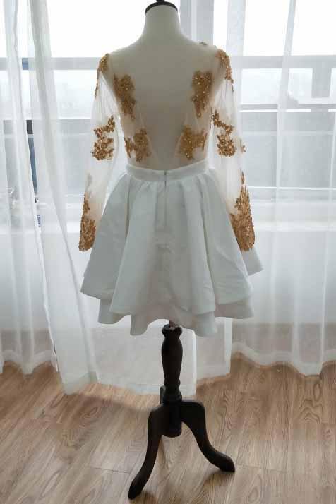 White Long Sleeve Homecoming Dress with Gold Lace Appliques, V Neck Short Prom Dress UQ1755