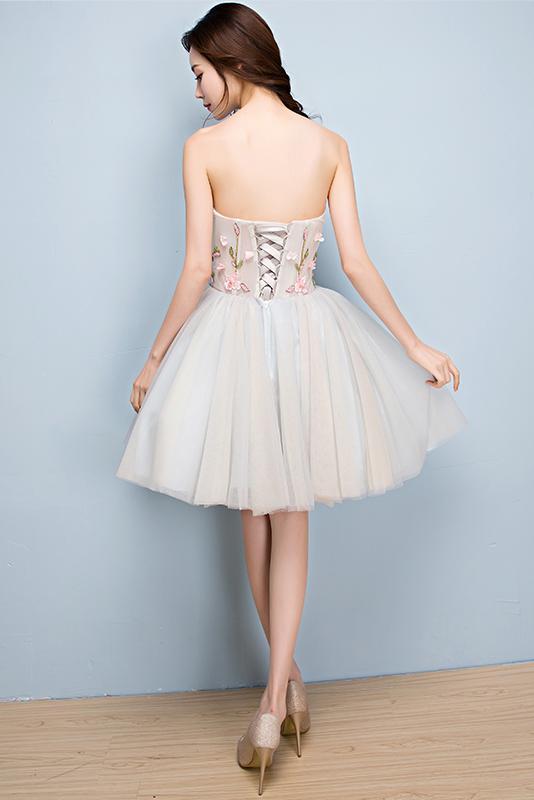 Unique Strapless Tulle Short Homecoming Dress with Appliques, A Line Sweetheart Prom Dress UQ1730