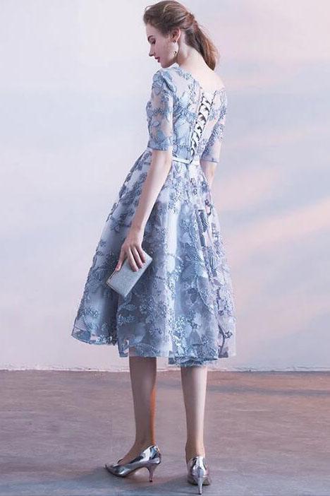 Gray Blue Tulle Lace Short Prom Dress, Half Sleeves Knee Length Homeco cherishgirls Gray Blue Tulle Lace Short Prom Dress, Half Sleeves Knee Length Homeco cherishgirls