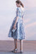 Gray Blue Tulle Lace Short Prom Dress, Half Sleeves Knee Length Homecoming Dresses UQ2193