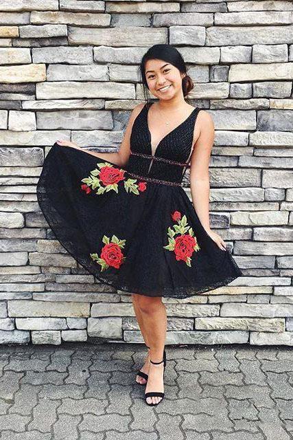 Black Deep V Neck Lace Junior Homecoming Dresses with Flowers, Sexy La cherishgirls Black Deep V Neck Lace Junior Homecoming Dresses with Flowers, Sexy La cherishgirls