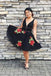 Black Deep V Neck Lace Junior Homecoming Dresses with Flowers, Sexy Lace Black Dress UQ1868