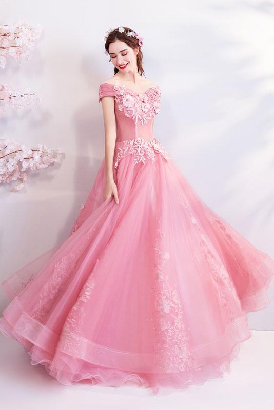 Pink Off the Shoulder Puffy Tulle Prom Dresses, Floor Length Appliqued Quinceanera Dress N2279