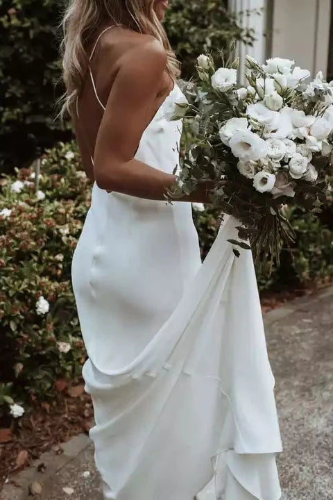 Aesthetic Spaghetti Straps Mermaid Beach Wedding Dress, Long Bridal Dress CHW0126