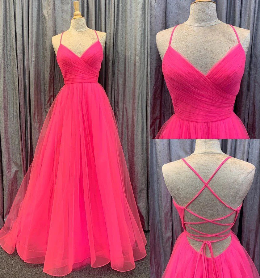 Hot Pink Tulle Spaghetti Straps V Neck Prom Dresses With Slit,Long Party Gown CHP0174