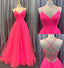 Hot Pink Tulle Spaghetti Straps V Neck Prom Dresses With Slit,Long Party Gown CHP0174