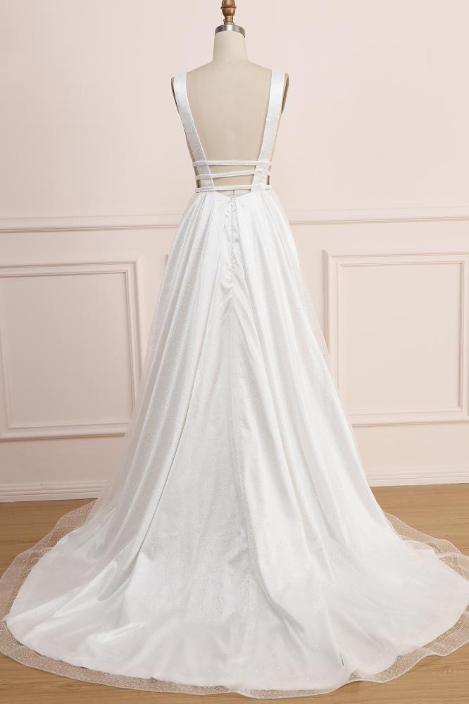 Deep V Neck Sleeveless Bridal Dress, Backless Long A Line Wedding Dresses UQ2270