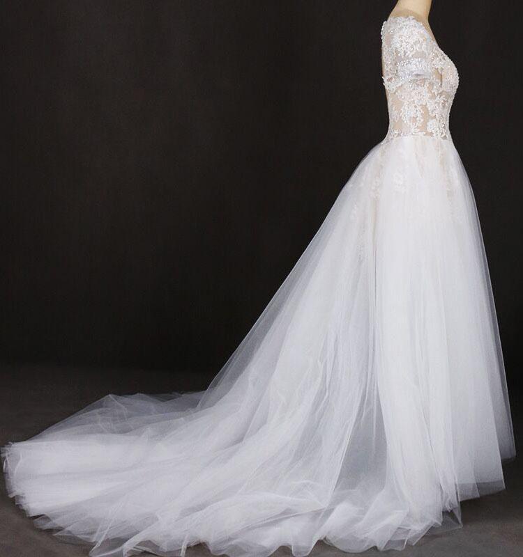 Puffy Short Sleeves Tulle Bridal Dress with Lace Appliques, Long Train Wedding Dress UQ2294