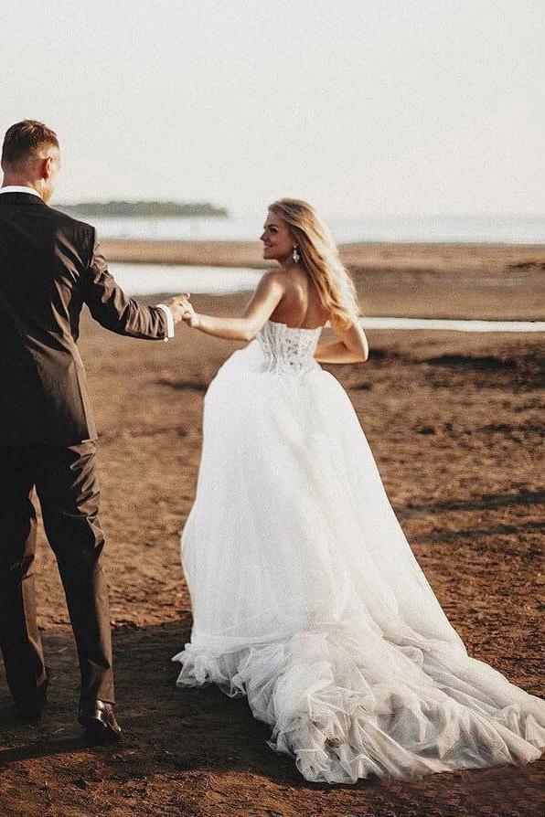 Long Sweetheart Tulle Boho Wedding Dress with Lace, Court Train Rustic cherishgirls Long Sweetheart Tulle Boho Wedding Dress with Lace, Court Train Rustic cherishgirls