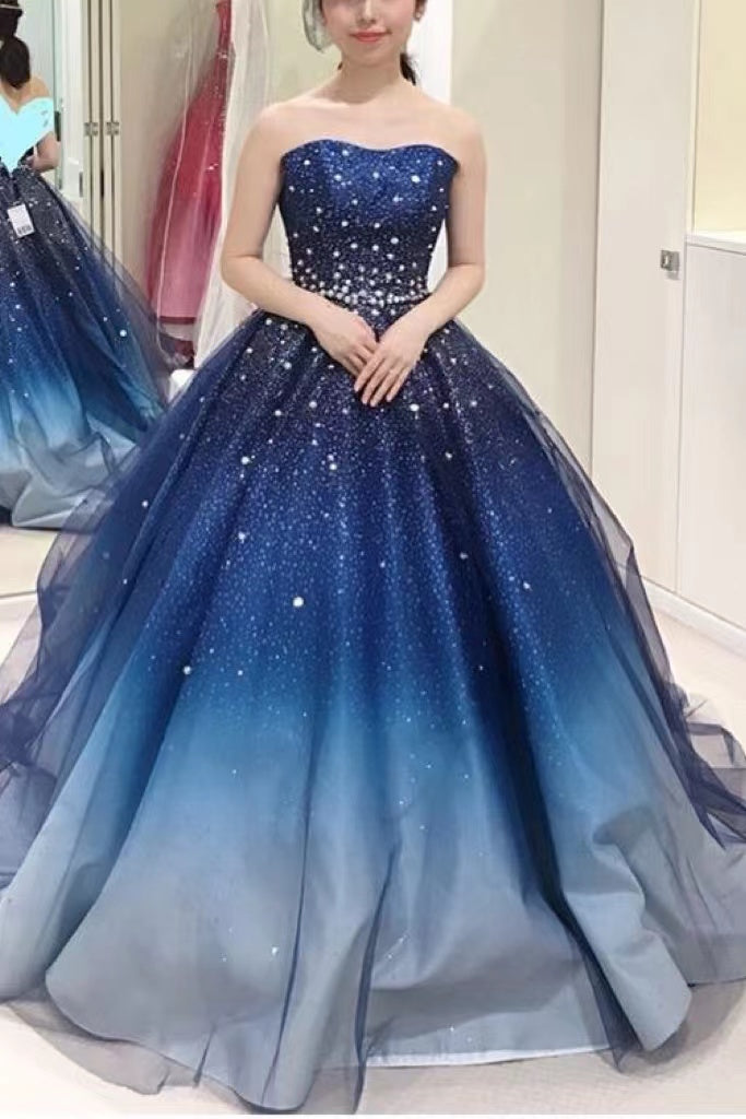 Princess Blue Strapless Lace up Prom Dresses With Beading, Formal Gown CHP0215