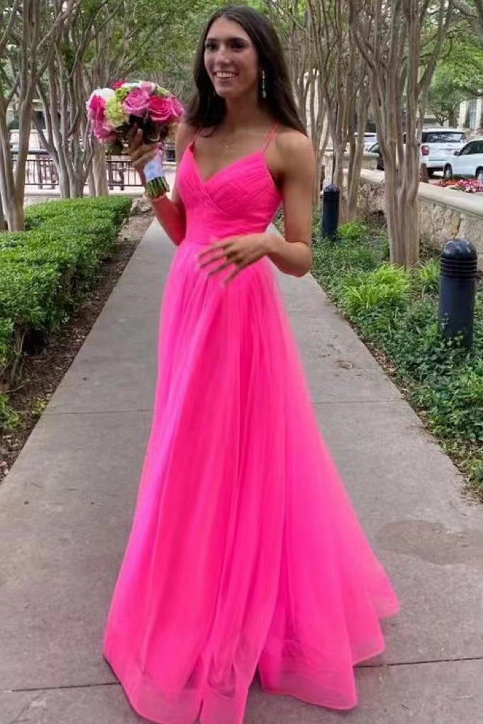 Hot Pink Tulle A Line V-neck Long Prom Dress, Gorgeous Formal Gown CHP0213
