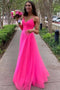 Hot Pink Tulle A Line V-neck Long Prom Dress, Gorgeous Formal Gown CHP0213