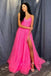 Hot Pink Tulle A Line V-neck Long Prom Dress, Gorgeous Formal Gown CHP0213