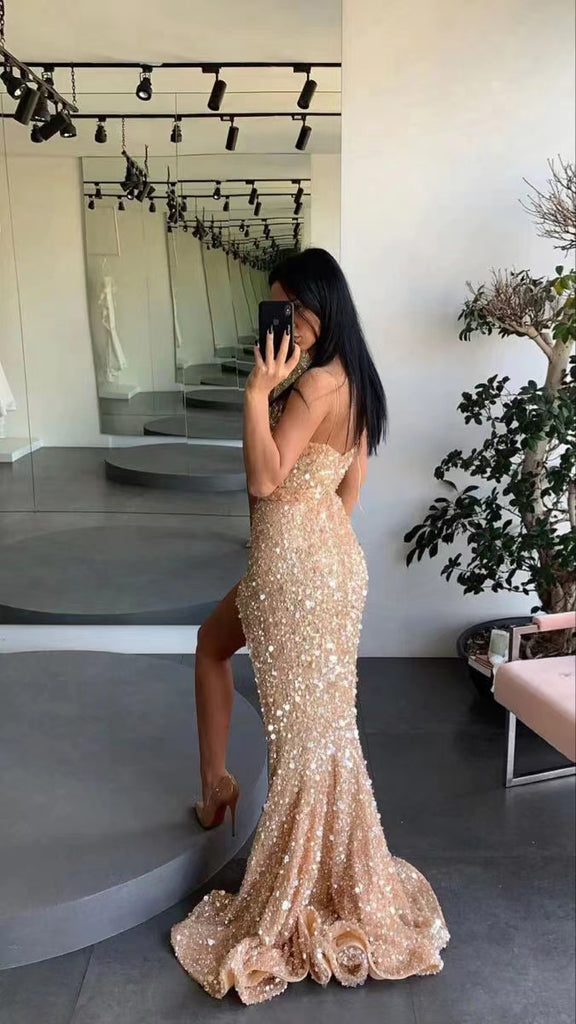Gold Engagement Spaghetti Straps Mermaid Long Prom Dresses,Evening Gown CHP0216