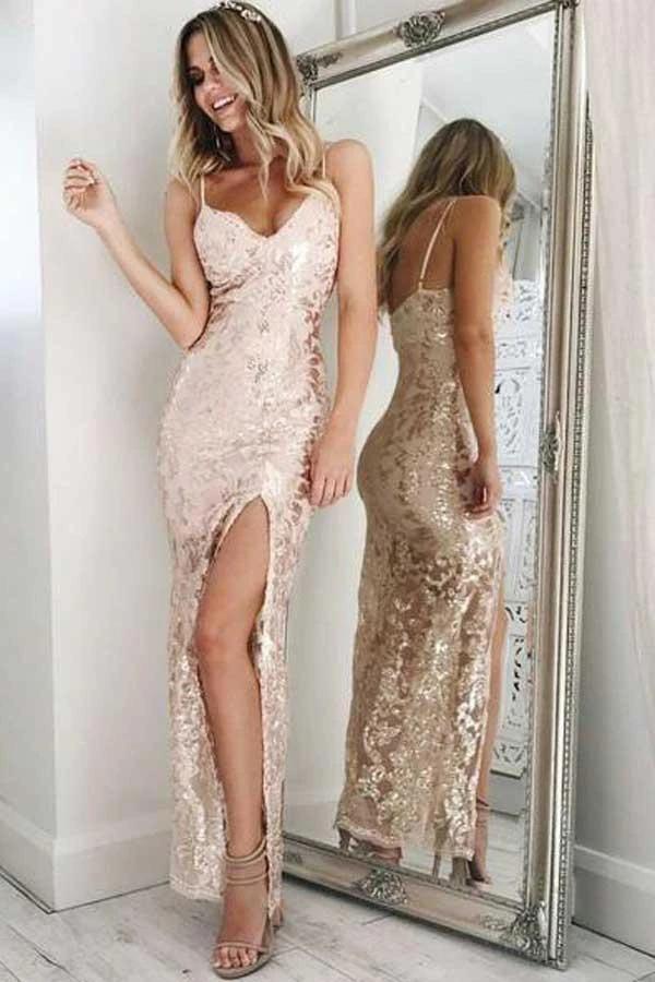 Sexy Spaghetti Straps Side Slit Long Prom Dresses, Sheath Split Formal Dresses UQ2614