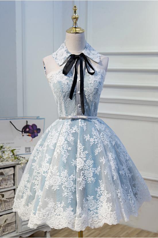 Light Sky Blue Halter Homecoming Dress with Lace Appliques, Cute Short cherishgirls Light Sky Blue Halter Homecoming Dress with Lace Appliques, Cute Short cherishgirls