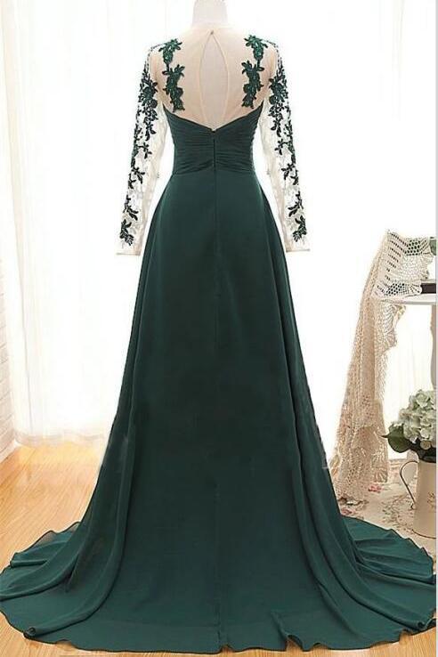 Dark Green Long Sleeves Long Evening Dress with Appliques, Long Prom Dress with Sleeves UQ1929