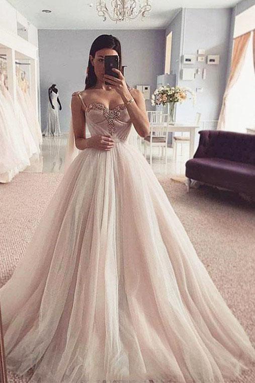 Charming Spaghetti Straps Sweetheart Tulle Prom Dress with Beading, Wedding Dresses UQ2472