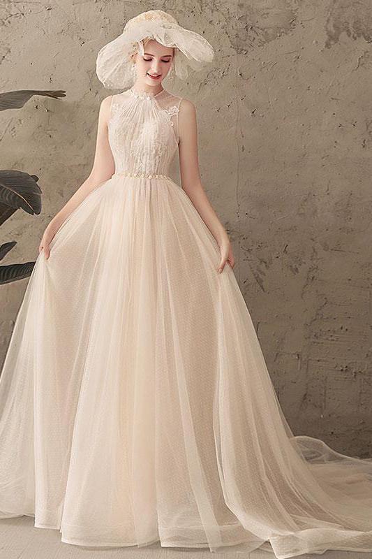 Ivory Jewel Sleeveless Tulle Wedding Dress with Lace, A Line Pleats Open Back Bridal Dress N2583