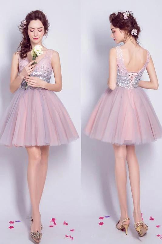 Sequines V-neck Tulle Homecoming Dress Shining Short Prom Dress UQ2141