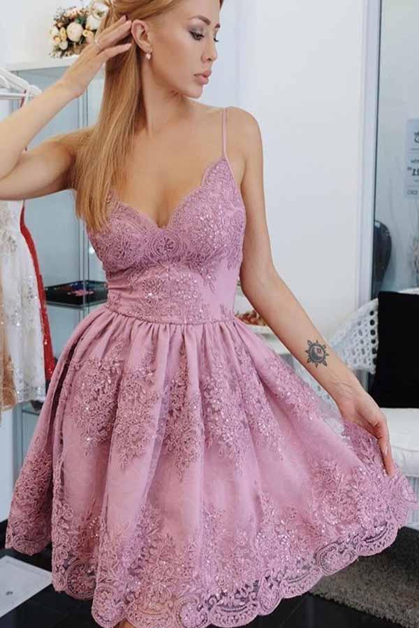 Spaghetti Strap Short Homecoming Dresses with Lace Appliqes, Cute Graduation Dress N1756