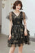 Black V Neck Tulle Short Prom Dress, Shiny Black Homecoming Dress with Sleeves UQ2144