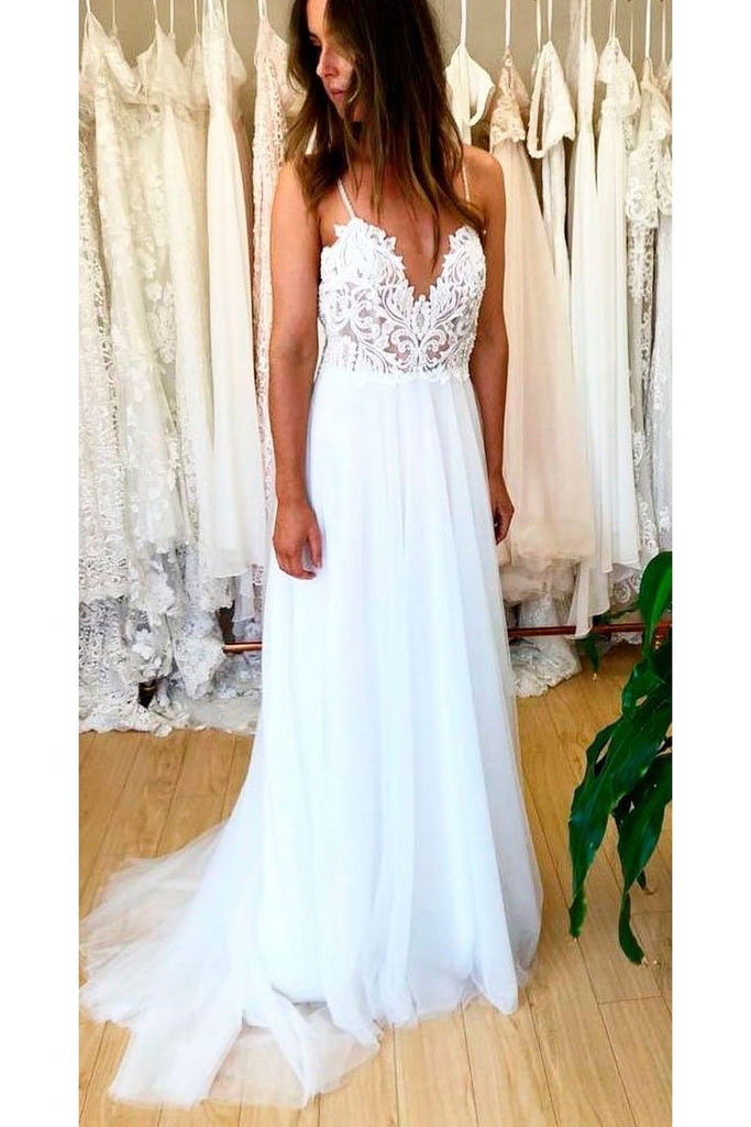 Ivory Backless Spaghetti Straps Tulle Beach Wedding Dresses, Lace Applique Bridal Dress UQ2415
