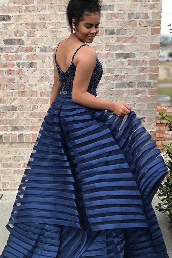 Dark Blue Spaghetti Straps Puffy Prom Dress with Beads, Unique Long Evening Dresses UQ1752