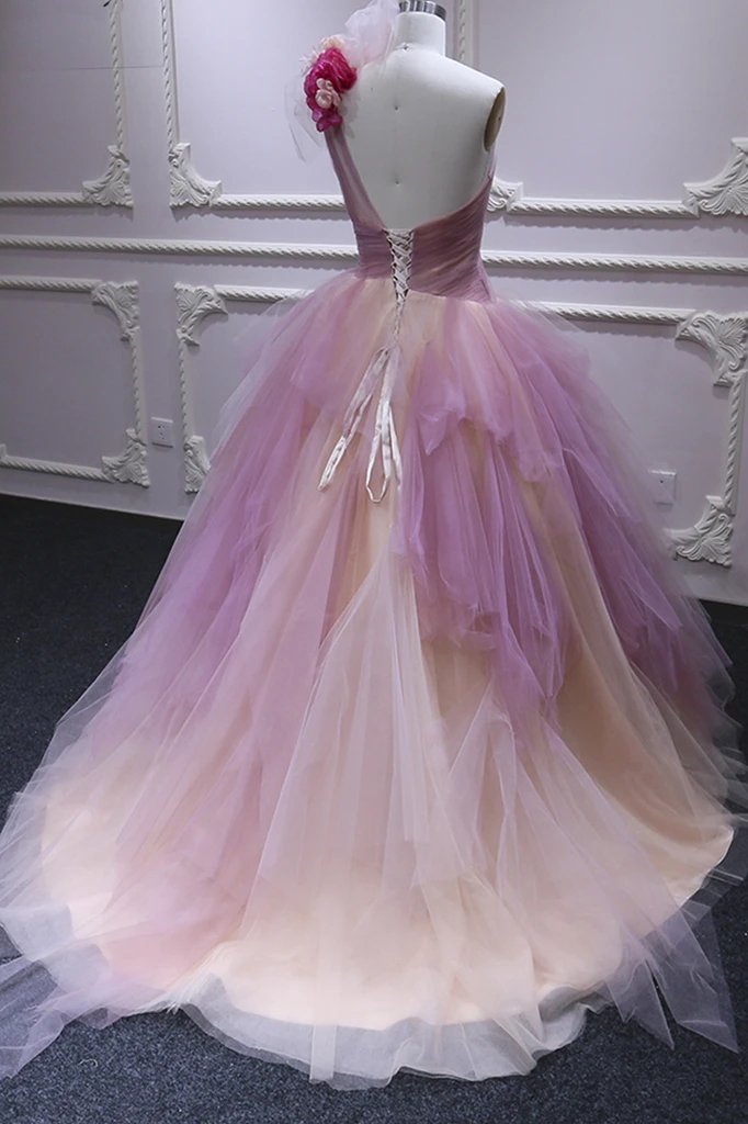 Puffy One Shoulder Sleeveless Tulle Prom Dress with Flowers, Ruffles Quinceanera Dress chp0023