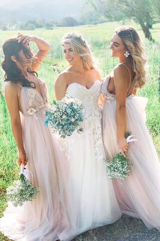 Spaghetti Straps V Neck Long Bridesmaid Dress with Flowers, Tulle Prom Dress chb0025