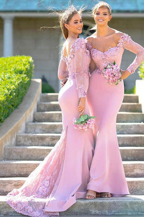 Mermaid Elastic Satin Applique Off-the-Shoulder Long Sleeves Floor-Length Bridesmaid Dresses UQ2382