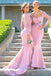 Pink Mermaid Elastic Satin Applique Off-the-Shoulder Long Sleeves Floor-Length Bridesmaid Dresses N2481