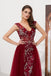 Burgundy V Neck Sleeveless Tulle Long Prom Dress with Beads Crystal UQ2282