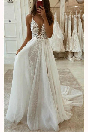 A-line Vintage Modest Wedding Dresses, Long Split Prom Dresses chw0009