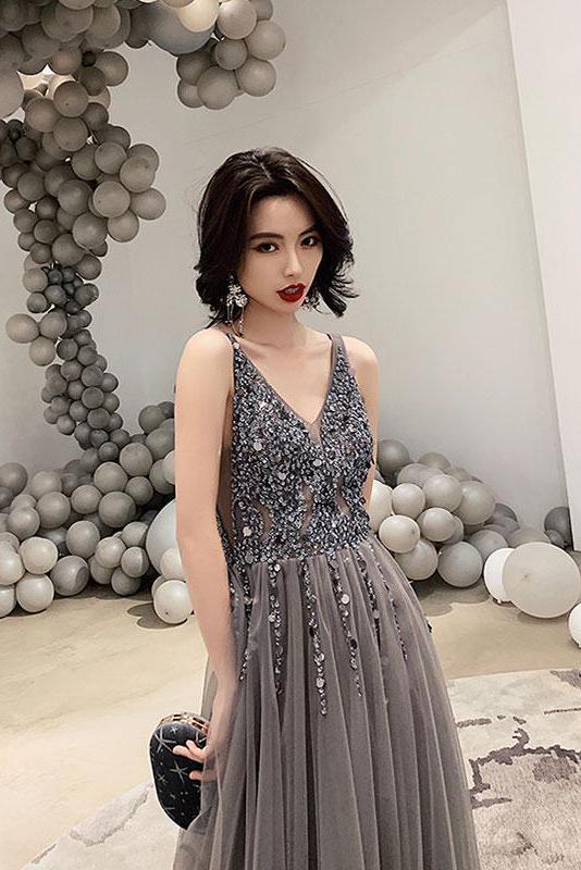 Dark Gray V Neck Sparkly Beading Prom Dress with Sequins, Long Tulle P cherishgirls Dark Gray V Neck Sparkly Beading Prom Dress with Sequins, Long Tulle P cherishgirls