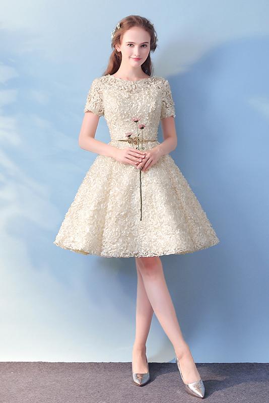 Champagne Cute Short Sleeves A Line Homecoming Dresses, Charming Short Graduation Dresses N1729 cherishgirls Champagne Cute Short Sleeves A Line Homecoming Dresses, Charming Short Graduation Dresses N1729 cherishgirls
