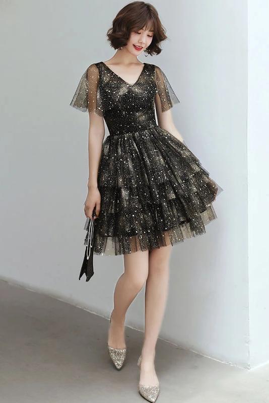 Black V Neck Tulle Short Prom Dress, Shiny Black Homecoming Dress with cherishgirls Black V Neck Tulle Short Prom Dress, Shiny Black Homecoming Dress with cherishgirls