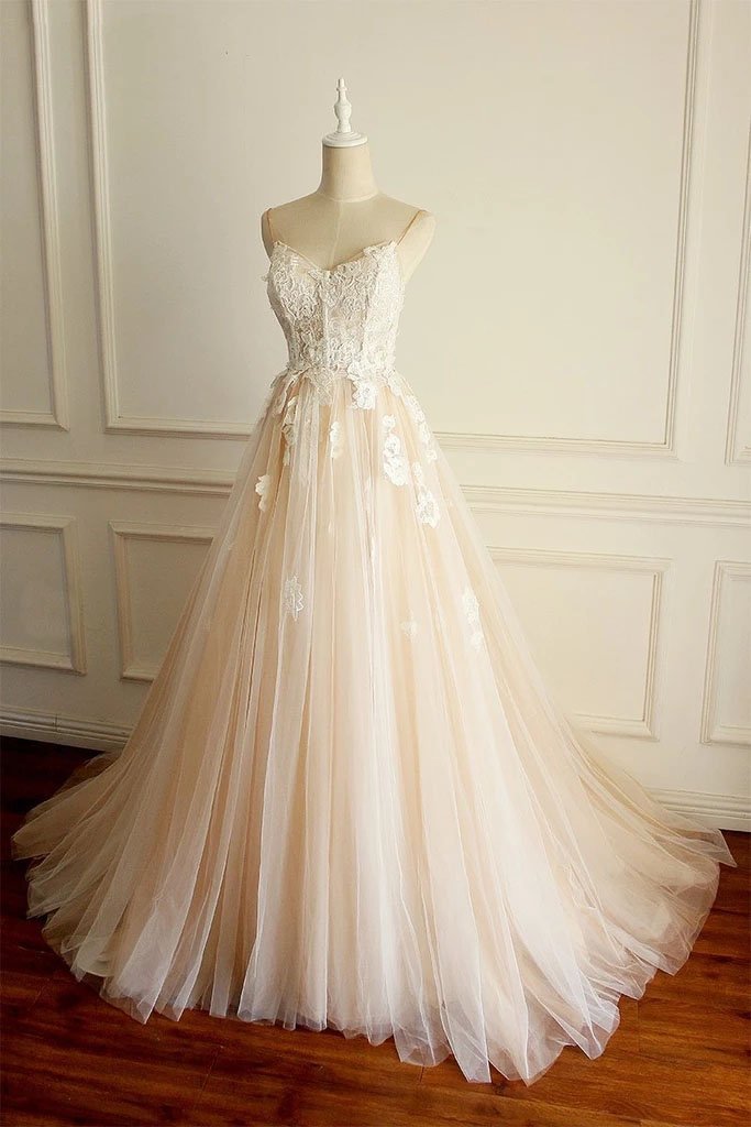 Spaghetti Straps A-line Long Custom Cheap Wedding Bridal Dresses, Lace Applique Bridal Dress UQ2426