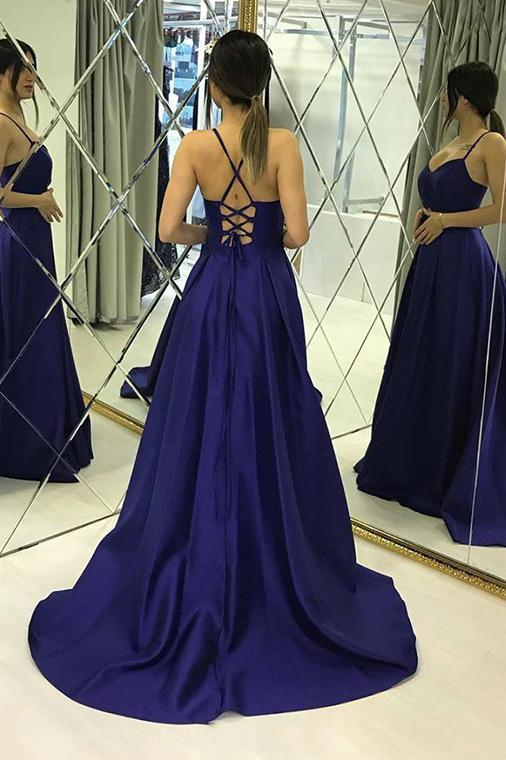 Simple A Line Spaghetti Straps Satin Long Prom Dresses Criss Cross Back UQ2479 Simple A Line Spaghetti Straps Satin Long Prom Dresses Criss Cross Back UQ2479