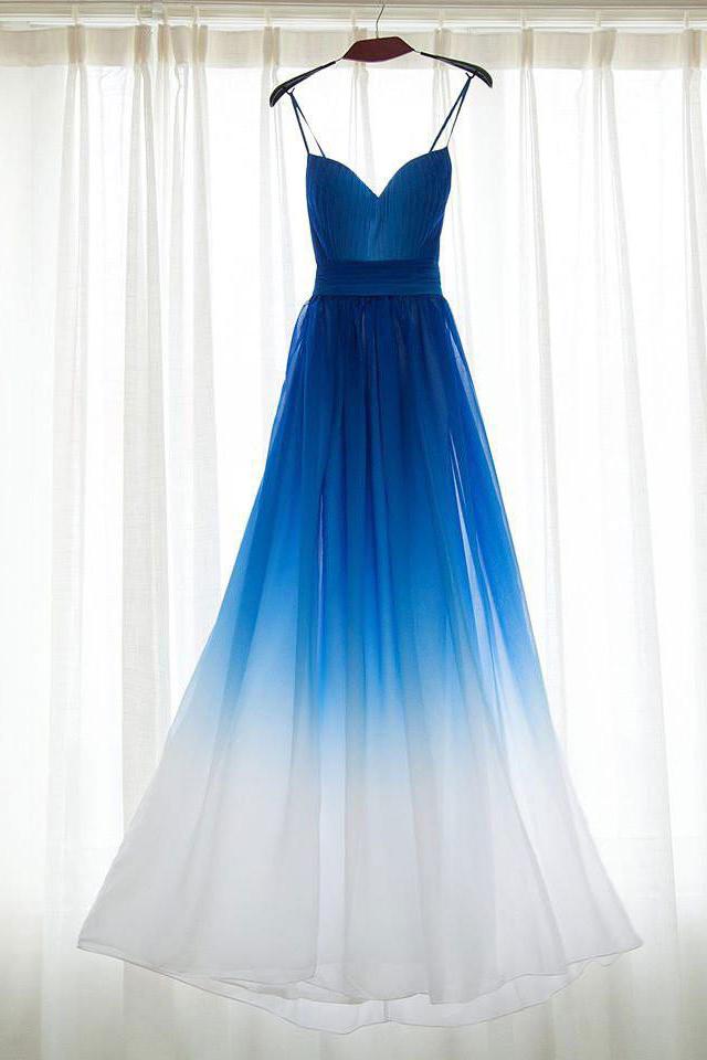 Spaghetti Straps Royal Blue Ombre Bridesmaid Dresses, Long Chiffon Prom Dress chb0017